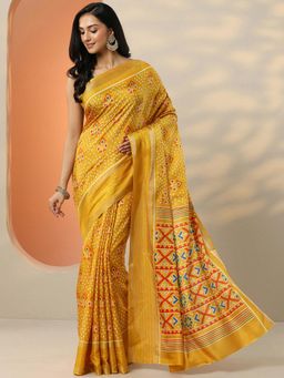 Libas - Yellow Printed Silk Blend Saree for Women with Unstitched Blouse