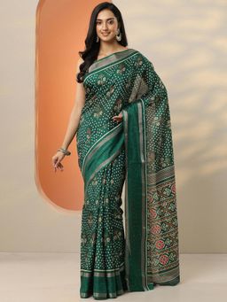 Libas - Green Printed Silk Blend Saree for Women with Unstitched Blouse
