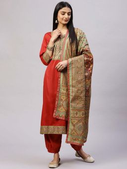 Biba - Red Cotton Blend Unstitched Suit Set (Set of 3)