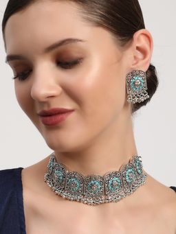 Aatmana - Blue Stones Studded Silver Plated Choker Set