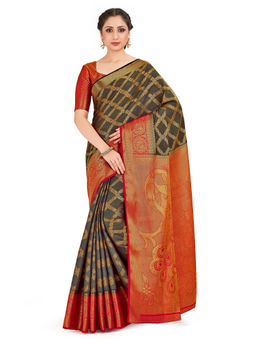 Mimosa - Grey Kanjivaram Style Art Silk Saree With Unstitched Blouse