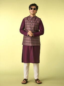 Diwas by Manyavar - Wine Satin Kurta Jacket Set for Men