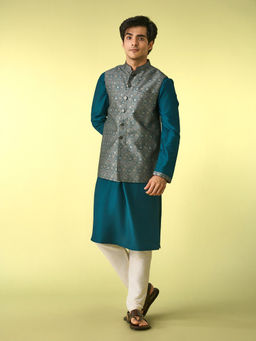 Diwas by Manyavar - Teal Green Satin Kurta Jacket Set for Men