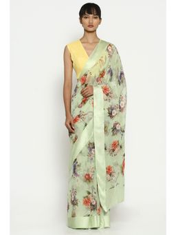 Via East - Valley Green Chiffon Floral Saree with Unstitched Blouse