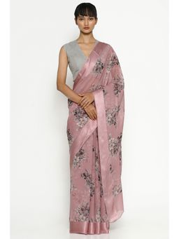 Via East - Cashmere Pink Chiffon Floral Saree with Unstitched Blouse