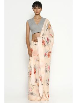 Via East - Peach Nectar Chiffon Floral Saree with Unstitched Blouse