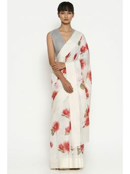 Via East - Off White Kota Silk Floral Soiree Saree with Unstitched Blouse