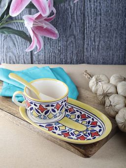 VarEesha - Rangriti Yellow Red Ceramic Soup Mug with Tray