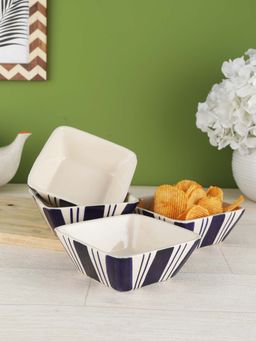 VarEesha - Indigo Blue Stripes Ceramic Square Snacks-Veg Bowls- Katori