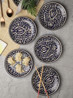 VarEesha - Blue Mughal Hand Painted Ceramic Quarter Plates