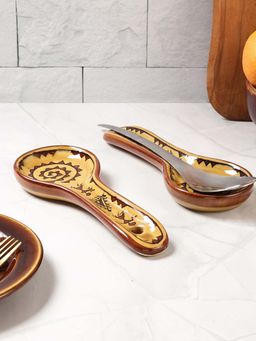 VarEesha - Hand Painted Brown Warli Ceramic Spoons Rests