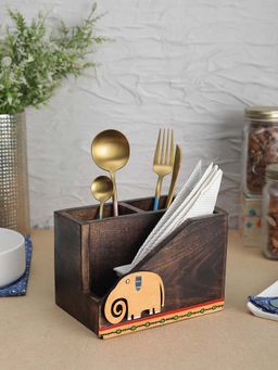 VarEesha - Orange Elephant Mango Wood Napkin and Cutlery Organizer- Spoon and Tissue Holder