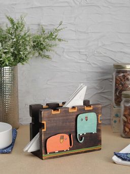 VarEesha - Orange Blue Elephant Mango Wood Napkin-Tissue Holder