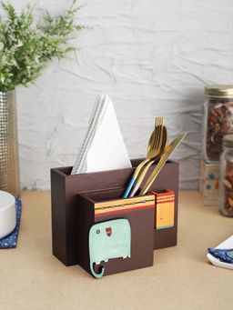 VarEesha - Blue Elephant Wooden Tissue and Spoon Stand with Toothpick Holder