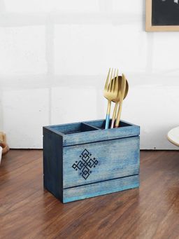 VarEesha - Hand-made Distress Blue Wooden Divided Spoon Holder- Cutlery Organizer