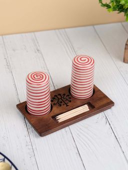 VarEesha - Hand Crafted Red Spiral Ceramic Salt n pepper & Wooden Toothpick Tray Holder