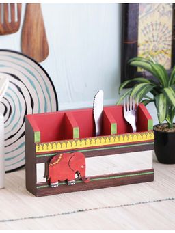 VarEesha - Red Elephant 3 Sections Wooden Cutlery Holder
