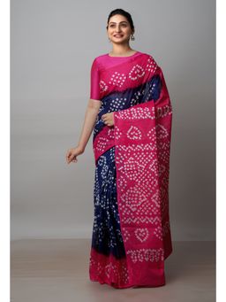 Unnati Silks - Navy Blue Pink Bandhani Cotton Saree UNM72655 with Unstitched Blouse