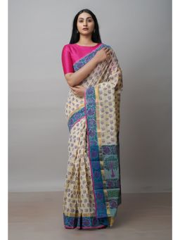 Unnati Silks - Off White Dyed Printed Mangalagiri Cotton Saree UNM72660 with Unstitched Blouse