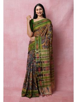 Unnati Silks - Blue Cream Handloom Kalamkari Painting Gicha Jute Saree UNM72685 with Unstitched Blouse