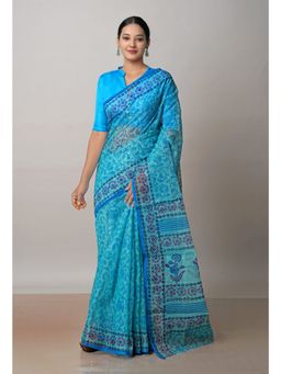 Unnati Silks - Blue Block Printed Kota Cotton Saree UNM72705 with Unstitched Blouse