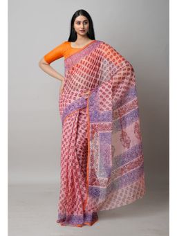 Unnati Silks - Peach Orange Block Printed Kota Cotton Saree UNM72708 with Unstitched Blouse