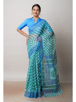 Unnati Silks - Turquoise Blue Block Printed Kota Cotton Saree UNM72709 with Unstitched Blouse