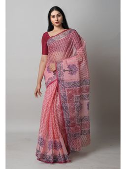 Unnati Silks - Pink Block Printed Kota Cotton Saree UNM72710 with Unstitched Blouse