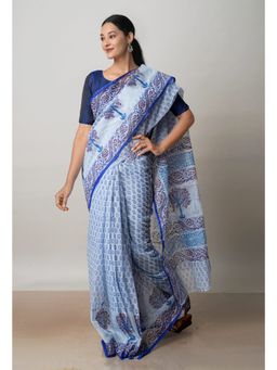 Unnati Silks - Grey Block Printed Kota Cotton Saree UNM72711 with Unstitched Blouse