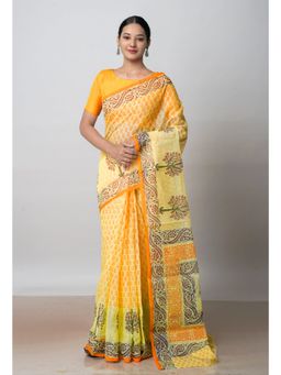 Unnati Silks - Yellow Block Printed Kota Cotton Saree UNM72713 with Unstitched Blouse