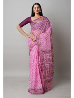 Unnati Silks - Pink Block Printed Kota Cotton Saree UNM72714 with Unstitched Blouse