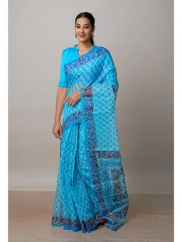 Unnati Silks - Blue Block Printed Kota Cotton Saree UNM72716 with Unstitched Blouse