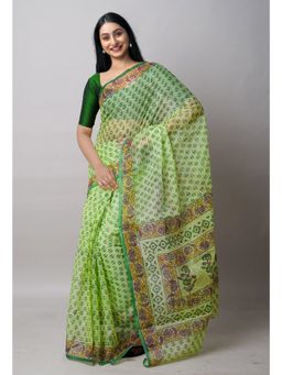 Unnati Silks - Green Block Printed Kota Cotton Saree UNM72717 with Unstitched Blouse