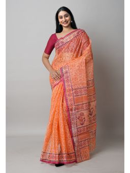 Unnati Silks - Orange Block Printed Kota Cotton Saree UNM72718 with Unstitched Blouse