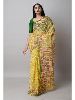 Unnati Silks - Yellow Block Printed Kota Cotton Saree UNM72720 with Unstitched Blouse