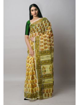 Unnati Silks - Pale Yellow Block Printed Kota Cotton Saree UNM72721 with Unstitched Blouse