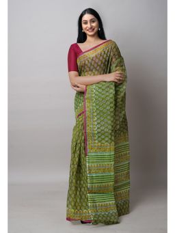 Unnati Silks - Green Block Printed Kota Cotton Saree UNM72722 with Unstitched Blouse