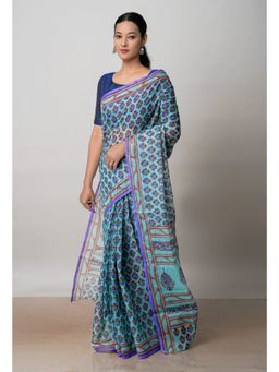 Unnati Silks - Turquoise Blue Block Printed Kota Cotton Saree UNM72723 with Unstitched Blouse
