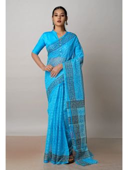 Unnati Silks - Blue Block Printed Kota Cotton Saree UNM72724 with Unstitched Blouse