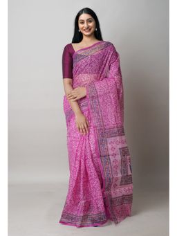 Unnati Silks - Pink Block Printed Kota Cotton Saree UNM72725 with Unstitched Blouse
