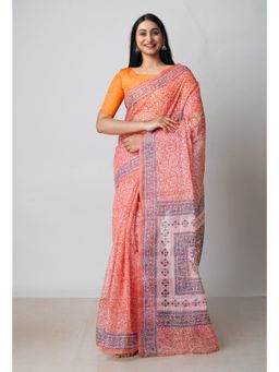 Unnati Silks - Peach Orange Block Printed Kota Cotton Saree UNM72726 with Unstitched Blouse