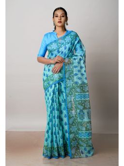 Unnati Silks - Turquoise Blue Block Printed Kota Cotton Saree UNM72728 with Unstitched Blouse