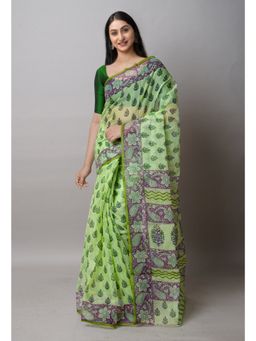 Unnati Silks - Green Block Printed Kota Cotton Saree UNM72729 with Unstitched Blouse
