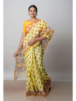 Unnati Silks - Pale Yellow Block Printed Kota Cotton Saree UNM72730 with Unstitched Blouse