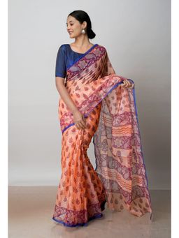 Unnati Silks - Peach Orange Block Printed Kota Cotton Saree UNM72731 with Unstitched Blouse