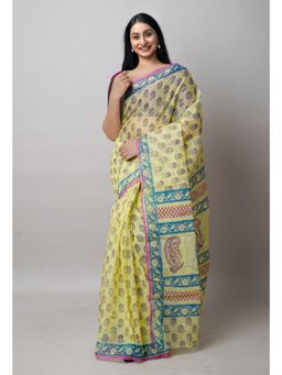 Unnati Silks - Pale Yellow Block Printed Kota Cotton Saree UNM72732 with Unstitched Blouse