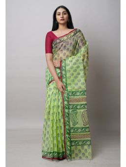 Unnati Silks - Green Block Printed Kota Cotton Saree UNM72733 with Unstitched Blouse