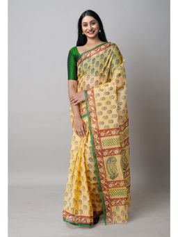 Unnati Silks - Yellow Block Printed Kota Cotton Saree UNM72734 with Unstitched Blouse