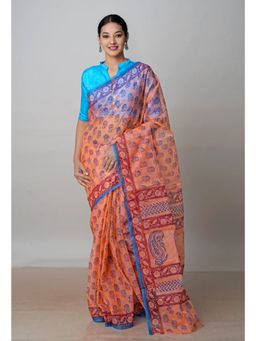 Unnati Silks - Orange Block Printed Kota Cotton Saree UNM72735 with Unstitched Blouse