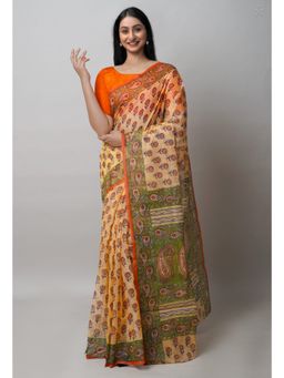 Unnati Silks - Yellow Block Printed Kota Cotton Saree UNM72736 with Unstitched Blouse